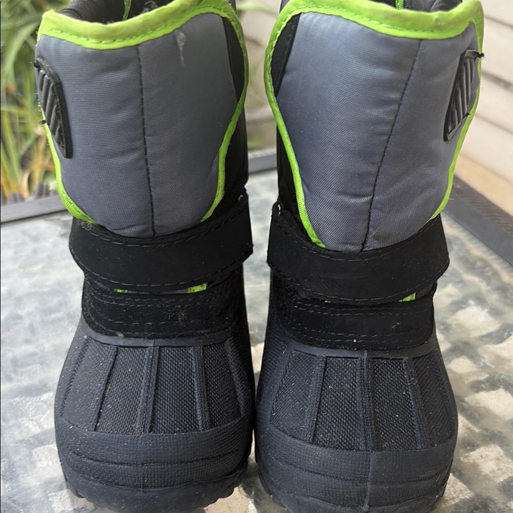 Kids Black and Gray Winter Boots with Lime Trim